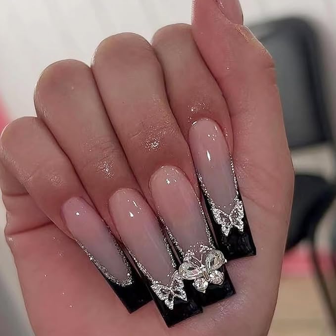 Press on Nails Long Coffin MABKJLF Black French Tip Fake Nails Full Cover False Nails with Butterfly Rhinestones Designs Glitter Glossy Stick on Nails Artificial Nails for Women Girls 24 Pcs