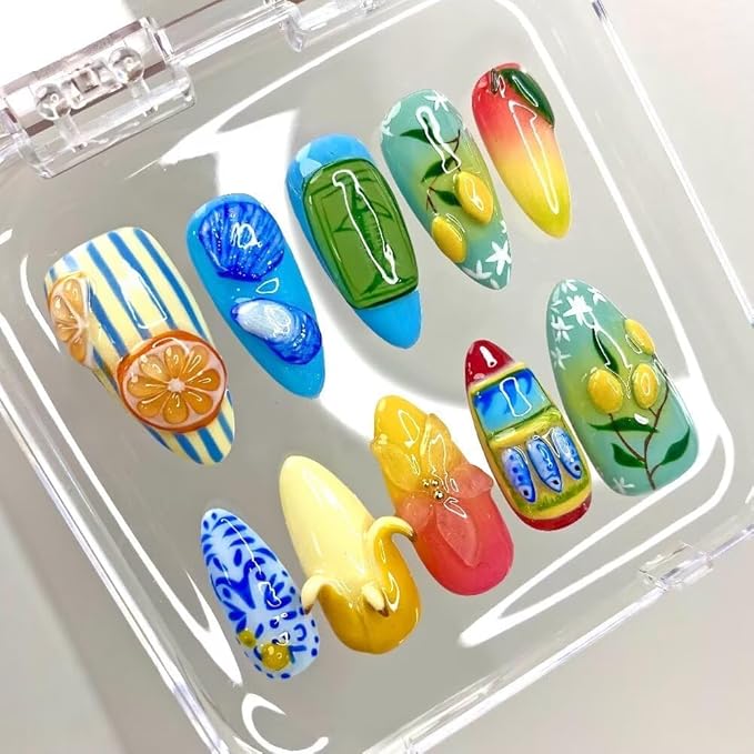 Press On Nails Medium Almond Shape False Nails, Handmade Acrylic Gel Fake Nails with Art Designs, Reusable 10 Pcs 3D Nails for Women DIY Manicure Kit