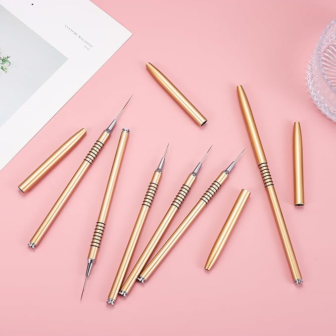6Pcs Nail Art Liner Brushes Set, Fine Drawing Painting Details Design Striping Brush With Gel Polish Acrylic Handle Gifts Manicure Tools DIY Sizes 5/7/9/11/15/25mm, Gold