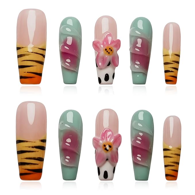 3D Floral French Tip Long Coffin Press On Nails, Zebra Print with Handmade Lotus Flower Glossy Acrylic Nails Full Cover Stick on Nails for Women (Playful Zebra with Lotus,S)