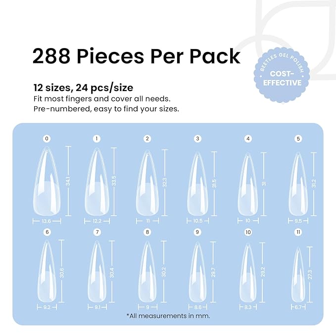 Beetles Gel Nail Tips Stiletto Medium, 288Pcs 12 Sizes Pre-Etched Half Matte Full Cover Soft Acrylic False Nail Tips Pre-Shaped Easy DIY Etch-X Nail Extension Salon Gift for Women