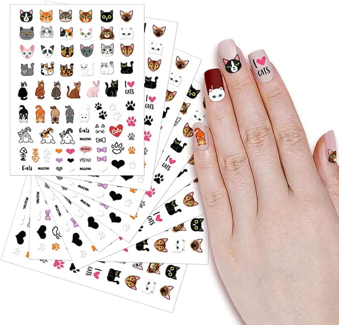 WIRESTER 8 Sheets of Nail Art Stickers Decals - Self-Adhesive Nail Decals for Women Kids Girls - Cats (Cat Face, Cat Paws, Fish Bone, Meow, Heart, Bow Tie)