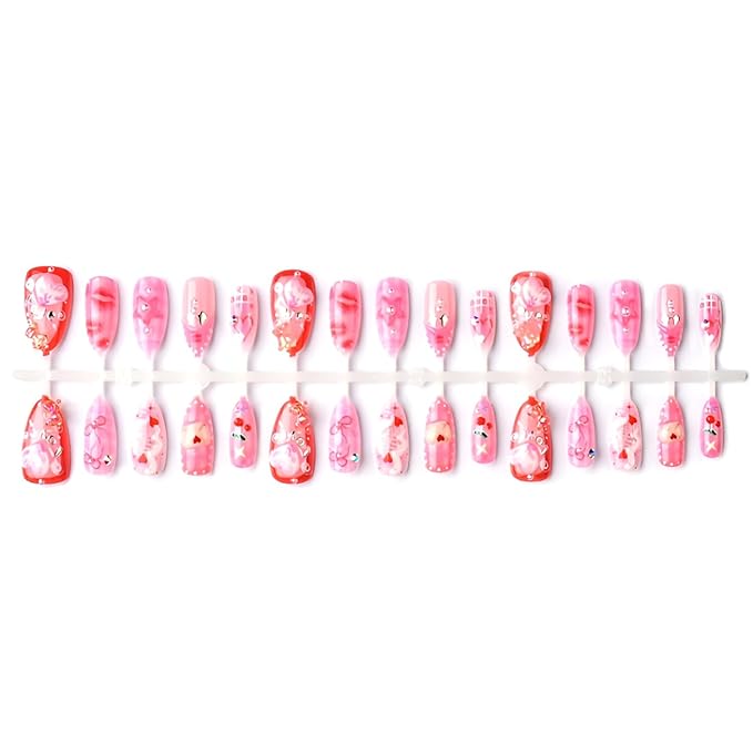 Valentines Fake Nails Medium Almond Press on Nails Heart Nails Press Ons Bow False Nails with Pearl Design Pink Stick on Nail Glossy Full Cover Glue on Nail for Women Decoration Set 30Pcs