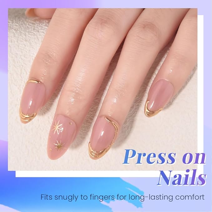 evpct 3D Gold Line French Tip Press On Nails Short Almond with Bohemia Star, Glitter Nude Gold Stick on Gel Nail with Designs, Handmade Press on Nails for Women Gift Reusable, Gel Acrylic Fake Nail