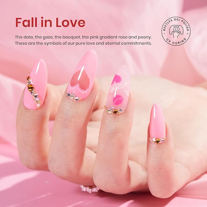 Beetles Spring Gel Nail Polish Set - 6 Colors Pink Gel Polish Nail Kit Red Nude Pink White Glitter Spring Color Gel in Love Collection Soak Off Uv LED Nail Lamp Gift for Women & Girls