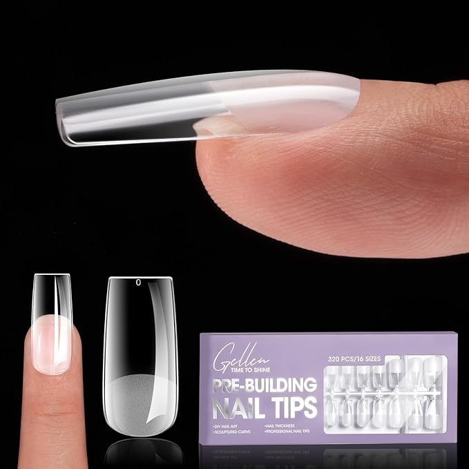 Gellen Tipex Nail Tips, 320pcs 16size Pre-builder & Pre-Etched Medium Square X Thicker Acrylic Gel Extensions Nail Tips, Builder Gel Press-on Nails for Flat Nails