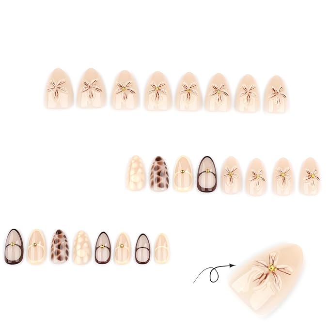 Short Almond Press on Nails - Flower Fake Nails with Brown Crack Design - Fall Glossy Full Cover Stick on Nails - for Women Manicure 24 Pcs