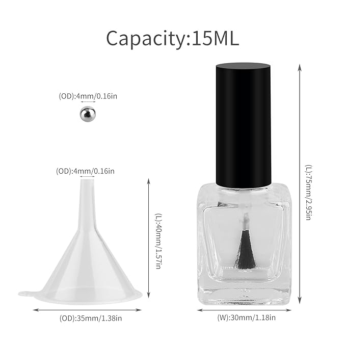 GTHER 6PCS 15ML Empty Nail Polish Glass Bottles with Brush Cap & Funnel & Mixing Balls for Nail Art