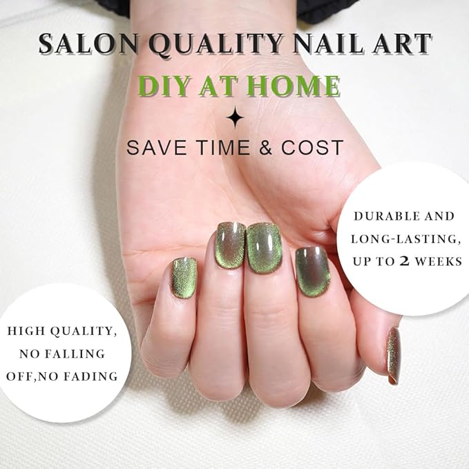 evpct Light Green Cat Eye Extra Short Press on Nails Square, Petite Short Square Stick on Nails for Women Gift, Light Green Metallic Glitter Glossy Reusable Gel Press on Acrylic Fake Nail with Designs