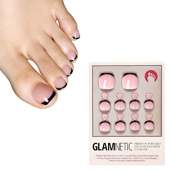 Glamnetic Press On Toenails - Caviar | Classic Black French Tip Fake Toe Nails with a Glossy Finish | 16 Sizes - 32 Toe Nail Kit with Glue