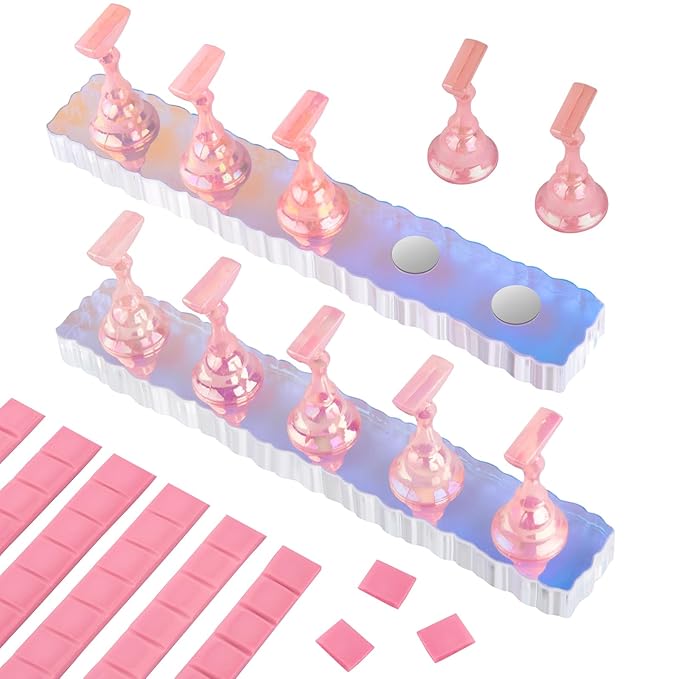 Nail Stand Acrylic Nail Art Display Stand Magnetic Nail Tips Practice Holder 54 Pcs Reusable Adhesive Putty for DIY Painting Nails Stand kit (Aurora Pink)