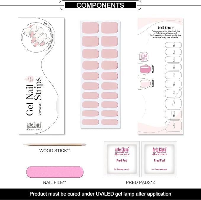 Arte Clavo Semi Cured Gel Nail Strips, 20 Pcs Gel Nail Stickers with UV Light Required, Salon Quality, Long Lasting, Easy Apply and Remove (Nude Pink)