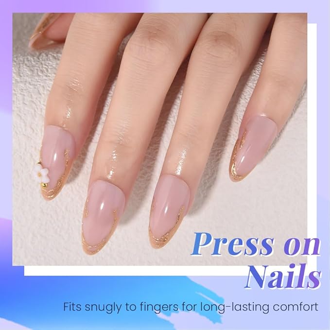 evpct Pink Press on Nails Short Almond with Gold Line, Gold French Tip Stick on Nail for Women Gift, Reusable Full Cover Soft Gel Press on Fake Nail with 3D White Flower Designs Perfectly Fit