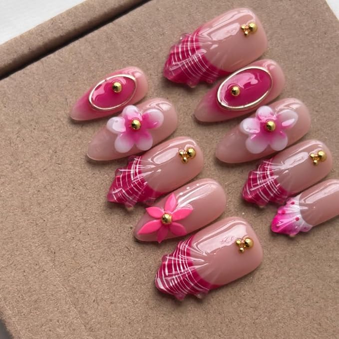 Press On Nails Medium Almond Shape False Nails, Handmade Acrylic Gel Fake Nails with Art Designs, Reusable 10 Pcs 3D Nails for Women DIY Manicure Kit