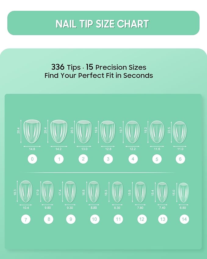 Extra Thick Short Almond Nail Tips, Natural Curve Strong Clear Pre-etched Press on Nail Gel Extension, Full Cover False Nail Tipsfor Acrylic French Salon DIY 15 Sizes 360 pcs