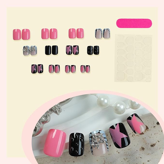 Square Press on Nails Short Fake Nails with Designs Stars Rhinestone Stick on Nail Pink Stars Acrylic False Nail Glossy Artificial Nail Full Cover Glue on Nails for Women