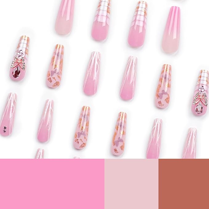 Press on Nails Long Coffin Fake Nails Pink Ombre Full Cover Acrylic False Nails with Butterfly Charm Rhinestone Designs Long Square Nails Press Ons Sparkly 24Pcs Stick on Nail for Women and Girls