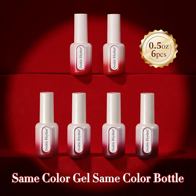 Double Rhythm 6 Pcs Hema Free Gel Polish Set 0.50 OZ Same Color Same Bottle Soak Off Neutral Natural Milky Gel Polish Kit Nail Art Manicure Salon (Shimmer Cherry Red Burgundy-H6-4)