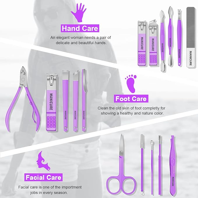 Manicure Set Professional Nail Clippers Pedicure Kit, 16 pcs Stainless Steel Nail Care Tools Grooming Kit with Luxurious Travel Leather Case for Thick Nails Men Women Gift