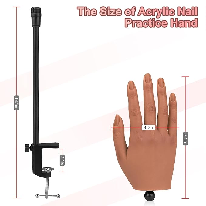 Practice Hand for Acrylic Nails,Silicone Nail Practice Hand with Stand Bracket,Flexible Bendable Nail Practice Fake Hand, Nail Training Hand Mannequin for Nail Art Display Beginners, Nail Tech