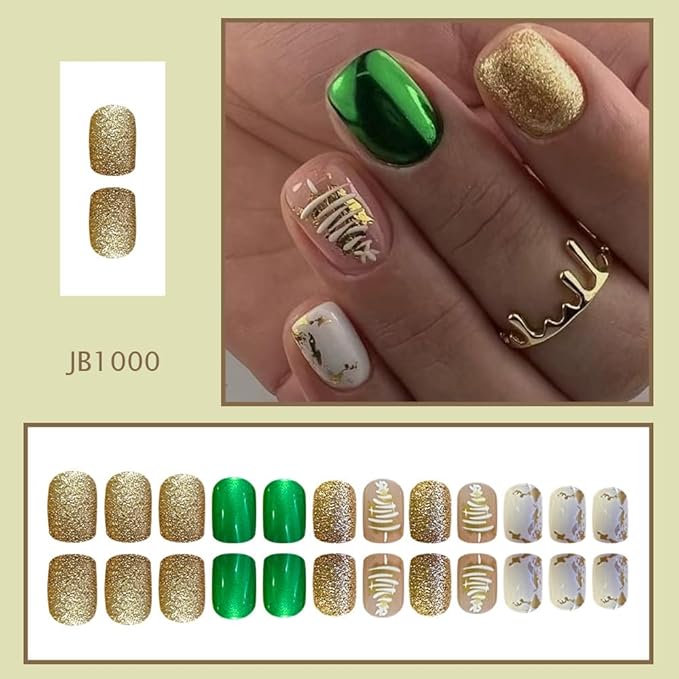 Christmas Press on Nails Short Square Fake Nails Christmas Tree False Nails Gold Glitter Full Cover Stick on Nails Winter Xmas Acrylic Nail for Women Manicure Nail Decoration
