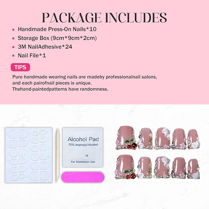 Duck Press on Nails Duck Handmade Press on Nails 3D Luxury Rhinestone Cherry and Pearl Acrylic Fake Nails Designs Flower Stick on Nails Full Cover Thickened False Nails for Women Nail Art DIY（M)