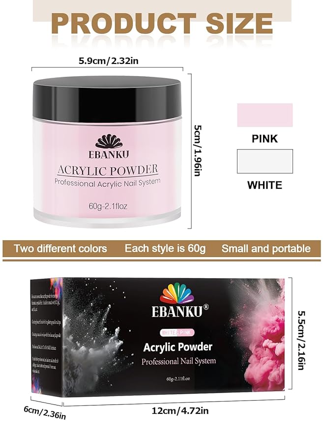 EBANKU Acrylic Nail Powder Set, 2 Colors Pink White Acrylic Powder Professional Nail Acrylic Powder for Nail Acrylic Extension, Nail Carving, Long-Lasting, No Nail Lamp Needed, 2.1 oz