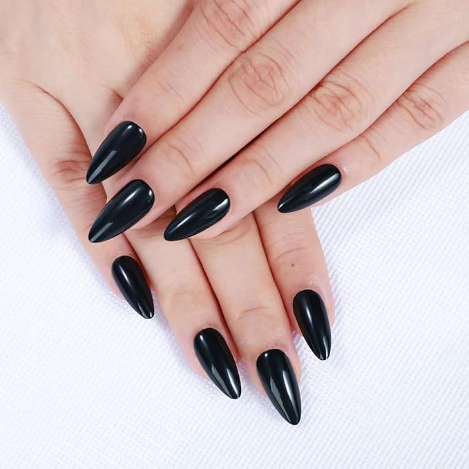 Rnker Press On Nails - Black, Almond Black Top gel Nails with Bright Finish, 15 Sizes - 30 Nail Kit with Glue