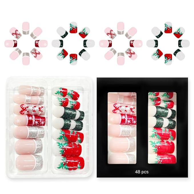 2 Packs 48Pcs Christmas Press on Nails Short Square Fake Nails Glitter French Tip False Nails Press ons Red Green Designs Winter Xmas Glue on Nails Kid Set for Women Girls Decoration