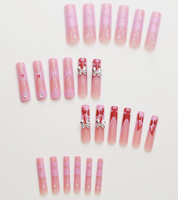 Press on Nails Square - Extra Long Fake Nails with 3D Bows, Pink French Tips Cute Red False Nail, Stick On Nails for Women, 12 Sizes - 24 Nail Kit, Cherry Love
