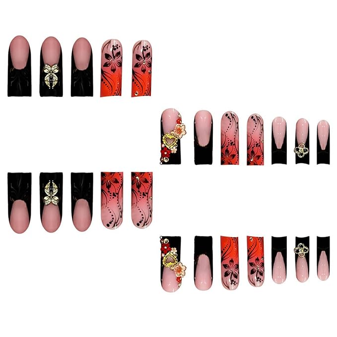 24Pcs Red French Tip Fake Nails Long Square Press on Nails pink Full Cover Glue on Nails with 3D Flower and Rhinestones Designs False Nails Gold Metallic Heart Acrylic Nail for Women