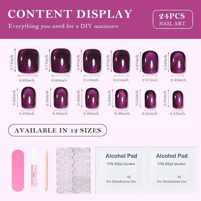 evpct Purple Cat Eye Press on Nails Extra Short Square, Petite Short Press on Stick on Nails for Women Gift, Dark Purple Holographic Glitter Glossy Reusable Stick on Gel Acrylic Fake Nail with Design