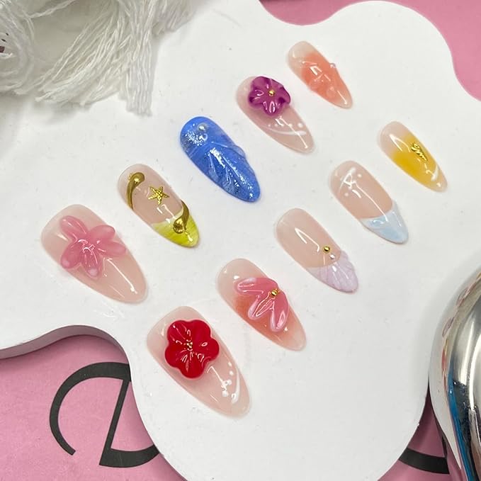 Handmade Press on Nails Flower Press on Nails Gradient French Fake Nails with 3D Starfiah Flower Acrylic Nails Designs Medium Almond Stick on Full Cover False for Women (Size M)