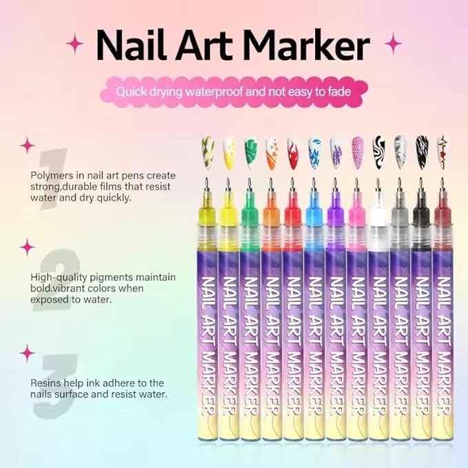 12 Colors Nail Art Pens Set, Fine Tip Nail Art Markers & Nail Polish Pens for DIY Nail Art, Manicure Design, Home & Salon Nail Kit Accessories