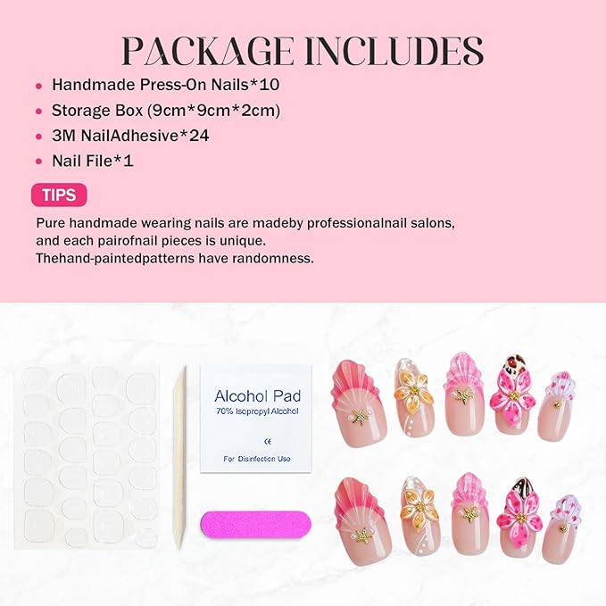 Handmade Press on Nails French Tip Acrylic Nails Medium Almond Fake Nails with 3D Flower & Starfish Designs Thickened Salon Quality Stick on Nails Muti-Layer Gel Acrylic Nails for Women（Size M)