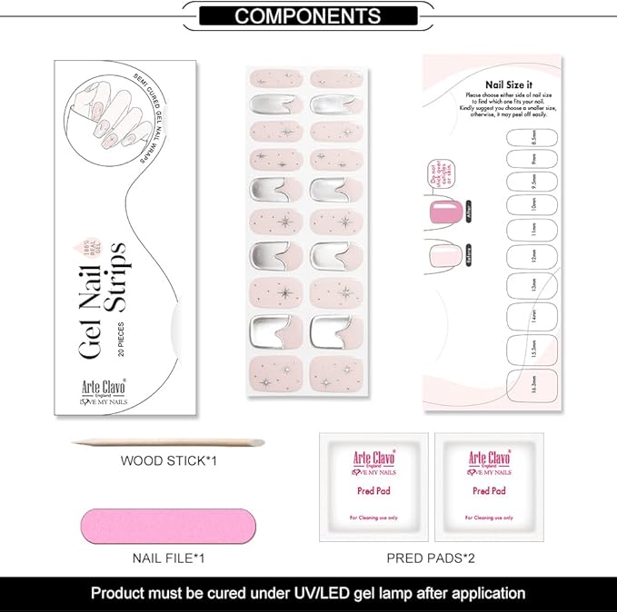 Arte Clavo Semi Cured Gel Nail Strips, Mirror French, Silver Star, 20PCS Gel Nail Stickers, Wraps, UV Light Required, Salon Quality, Easy Application and Removal