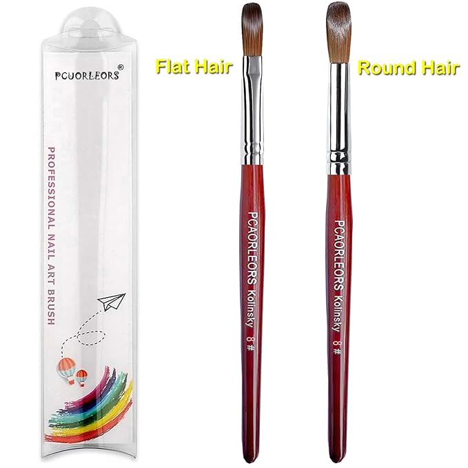 Acrylic Nail Brush with Pure Kolinsky Sable Hair and Red Wood Hand, Round/Flat Professional Gel Brush for Acrylic Power and Nail Extension Size #8,10,12 (2Pack(#8))