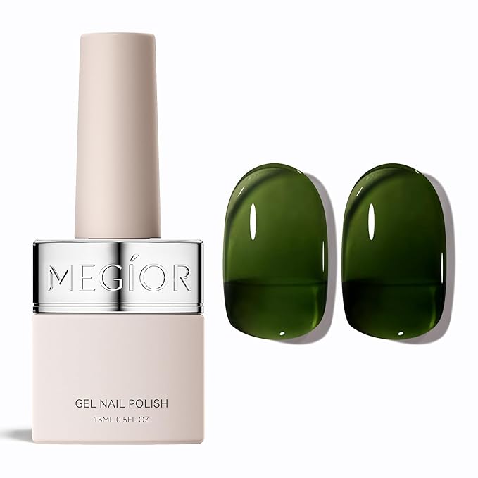 MEGIOR Moss Green Jelly Gel Nail Polish 0.5 Fl Oz Neutral Transparent Green Colors Soak Off UV LED Lamp Light Cure Gel Polish Kit for Salon and Nail Art Starter Manicure DIY at Home