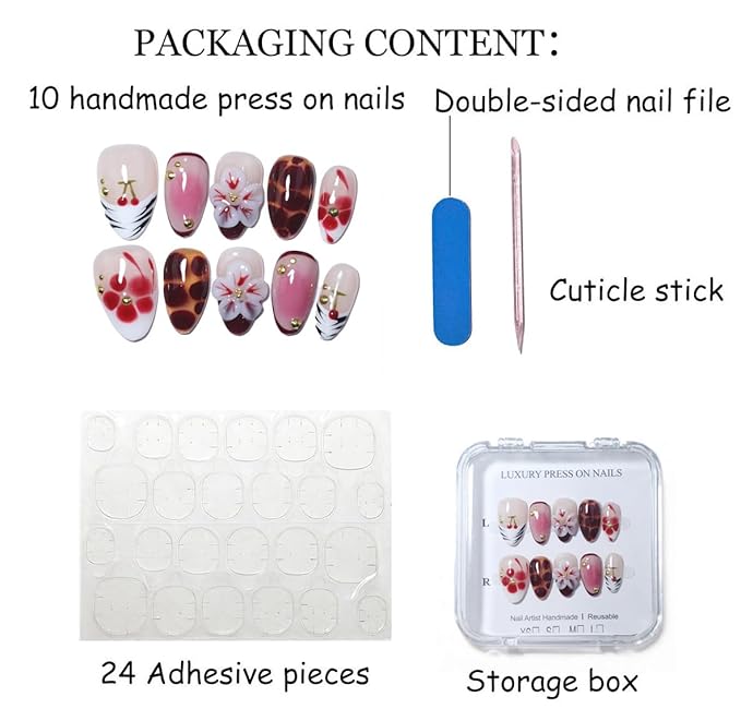 10Pcs Short Almond Handmade Press On Nails | Nude Pink & Red Ombre with Cherry, Tortoiseshell Print & 3D Floral Decor | Reusable Salon-Quality Fake Nails for Women and Girls (251213, XS)