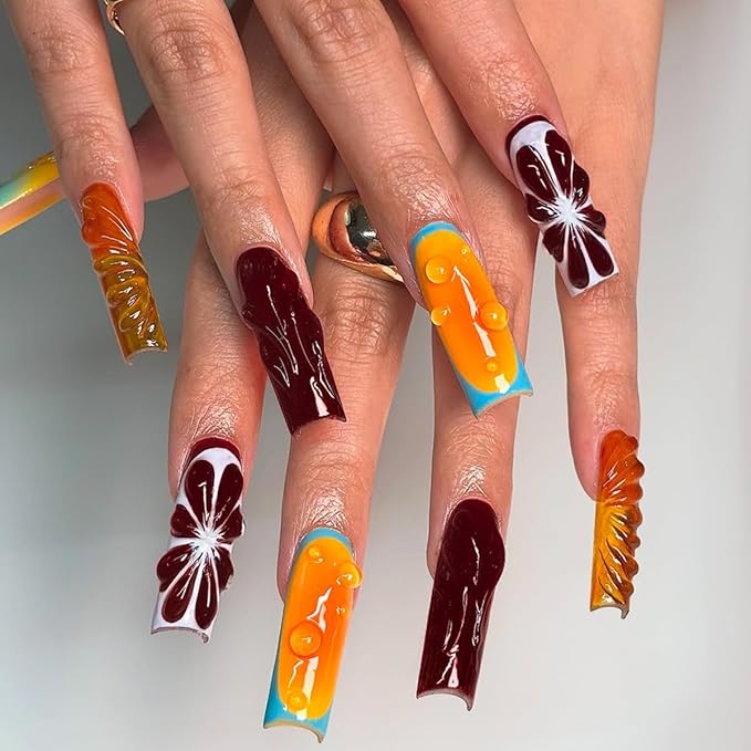 Long Square Press on Nails Fruits Design 3D Fake Nails Summer Flase Nails Full Cover Glossy Glue on Nails for Women 24PCS