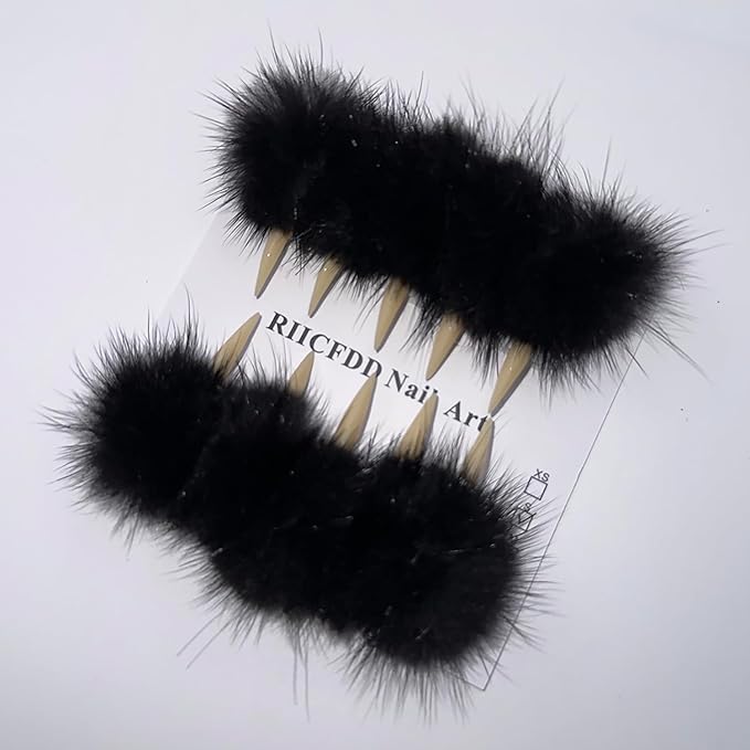 10 Pcs Luxury Press on Nails Medium Curved Stiletto Handmade Cat Claw Reusable Fake Nails Unique Cat Claw False Nails with Black Furry Fur Designs Glossy Glue on Nail Thick Acrylic Nail (S)