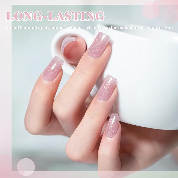 RARJSM Nude Pinkish Beige Rainbow Glitter Rubber Base Coat Gel Nail Polish Natural Skin Tone Iridescent Shimmer Brush on Extend Jelly Gelpolish Soak Off Curing Requires 15ml Salon Home French Manicure