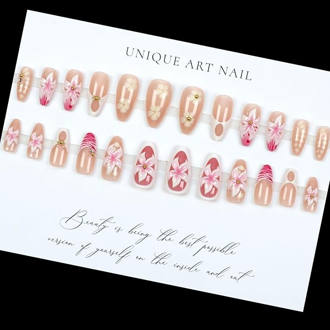 Almond Press on Nails Medium Fake Nails French False Nails Pink Artificial Nails with 3D Flowers and Gold Bead Accents Designs Cute Handmade NailsFloralStick on Nails for Women 24pcs