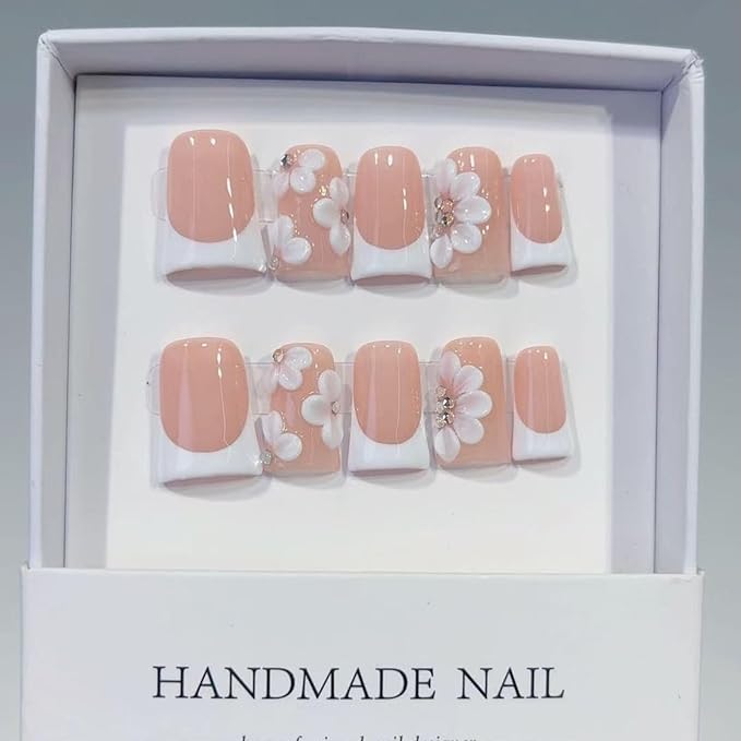 Handmade Nails Duckbill Euro American Style Nude Pink French White 3D Cute Flower Diamond Accents Gentle Sweet Skin Brightening Glossy Surface Fashion Manicure Press on Nails 10 pcs (M)