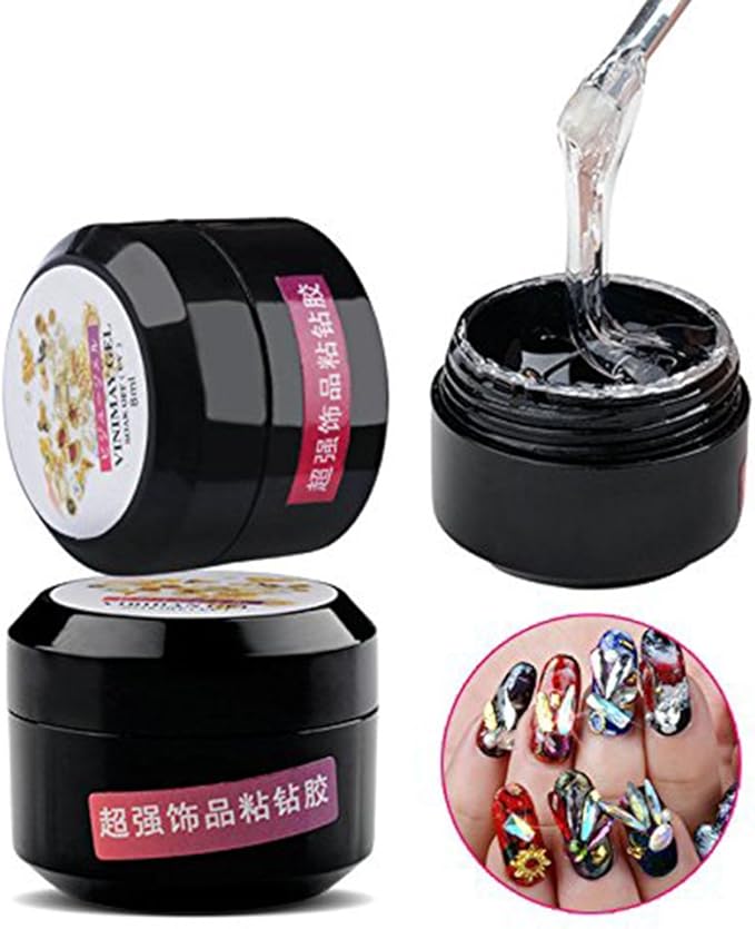 Nail Art Rhinestone Glue Super Sticky 8ml Gem Gel Manicure Polish Adhesive Builder Decoration (UV Light Cure Needed) with Tray Shiny Stone and Paiting Pen