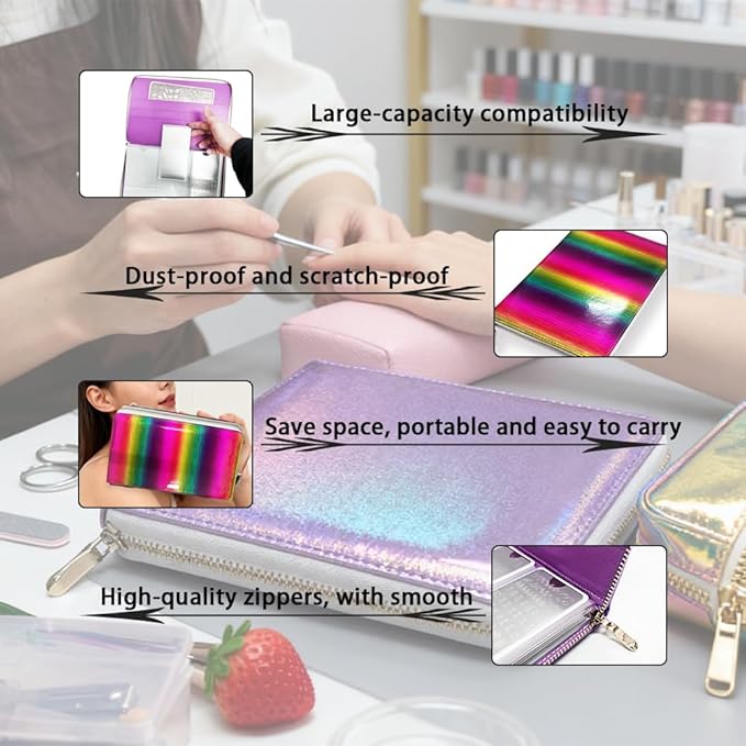 48 Slots Holographic Nail Plates Holder Case Stamping Templates Organizer Retangel Nail Printing Molds Collection Manicure Tool Accessorie-6x12Cm Template Case Rainbow Color