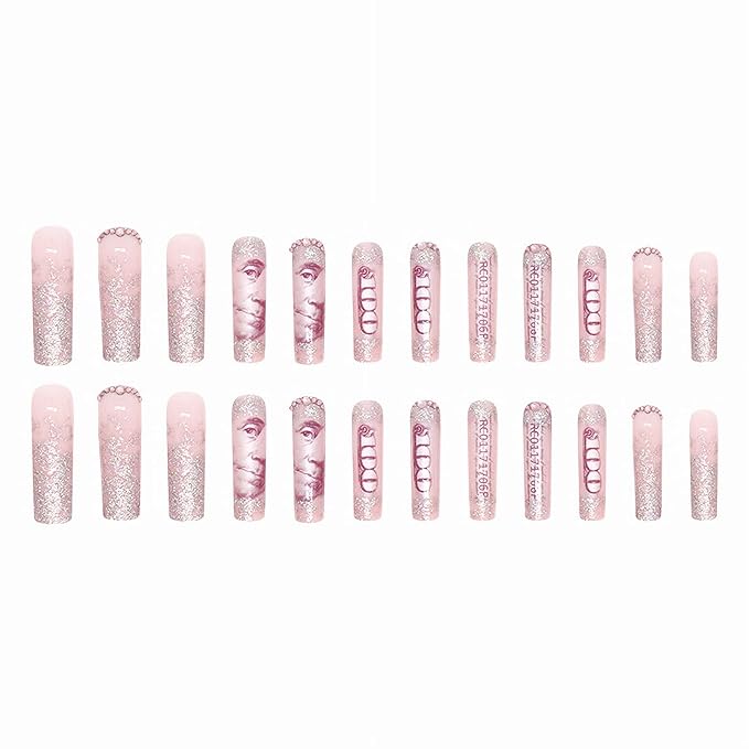 MISUD Press on Nails - Extra Long Square Fake Nails with Dollar Money, Acrylic Bling Glitter Rhinestone Design 24 pcs