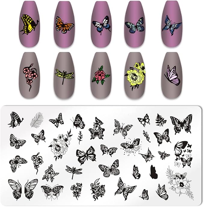 6pcs Butterfly Nail Stamping Plate Nail Stamping Kit for Nails Butterfly Flower Bird Feather Leaf Image Plates Stamper Kit Nail Stamping Plates for Nails