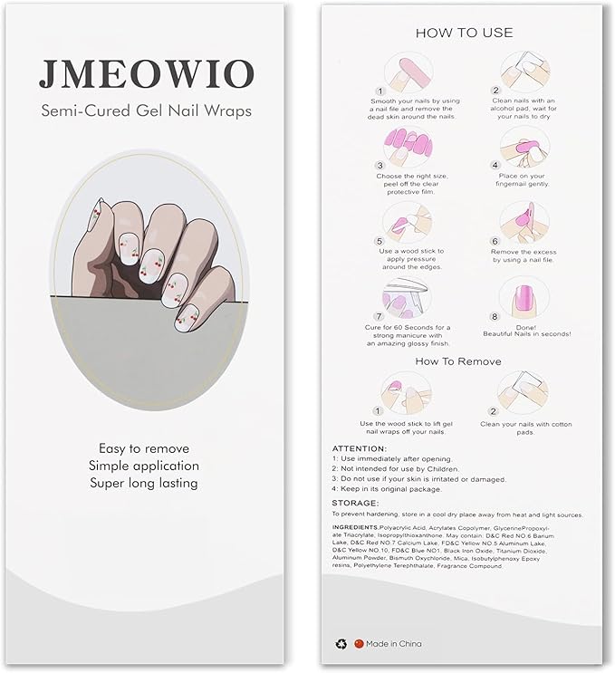 JMEOWIO Gel Nail Stickers Cherry French Tip Semi Cured Gel Nail Strips Wraps UV/LED Nails Art Design Decoration Accessories