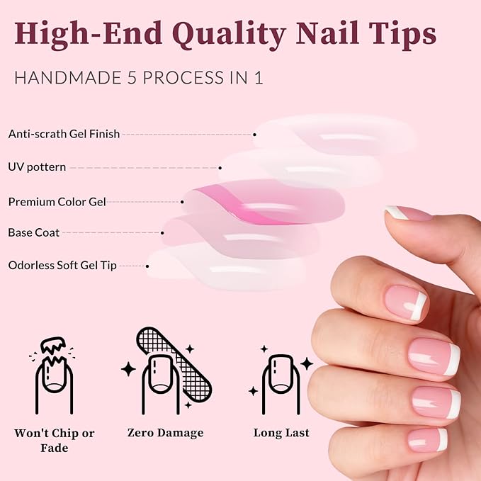 240PC White French Tip Press on Nails Short Fake Nails Press ons with 5*Adhesive Tabs, Pink Square Acrylic Nail Press on Nail French Tip Nails False Artificial Fingernails Stick on Nails-C